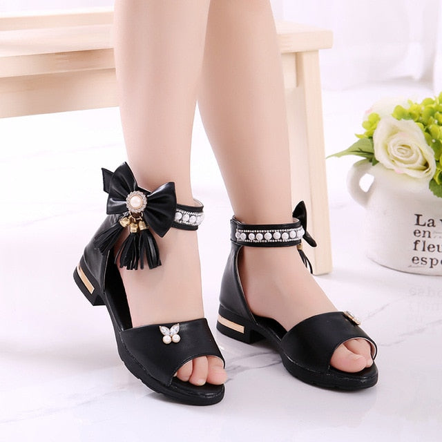 Kids Sandal Girls Summer Shoes Children High Heels For Girl Kids Tassel Beading Princess Shoes 4 5 6 7 8 9 10 11 12 13 14 Years