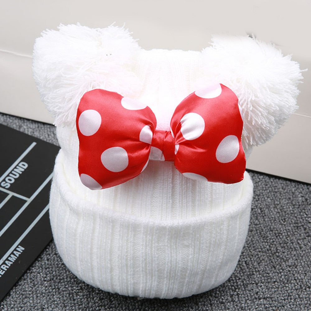 Cute Dotted Bowknot Double Pom Pom Ball Hat 1pc soft Knitting yarn Winter Warm Crochet Knit Stretchable Beanie Caps styling tool