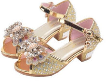 Load image into Gallery viewer, Little Girls Rhinestone Bow High-Heeled Sandals Princess Dancing Summer Pu Leather Shoe Big Girl 3 4 5 6 7 8 9 10 11 12 Year Old
