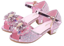 Load image into Gallery viewer, Little Girls Rhinestone Bow High-Heeled Sandals Princess Dancing Summer Pu Leather Shoe Big Girl 3 4 5 6 7 8 9 10 11 12 Year Old
