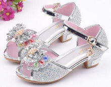 Load image into Gallery viewer, Little Girls Rhinestone Bow High-Heeled Sandals Princess Dancing Summer Pu Leather Shoe Big Girl 3 4 5 6 7 8 9 10 11 12 Year Old
