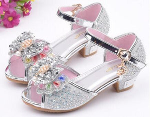 Little Girls Rhinestone Bow High-Heeled Sandals Princess Dancing Summer Pu Leather Shoe Big Girl 3 4 5 6 7 8 9 10 11 12 Year Old