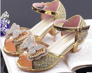 Little Girls Rhinestone Bow High-Heeled Sandals Princess Dancing Summer Pu Leather Shoe Big Girl 3 4 5 6 7 8 9 10 11 12 Year Old