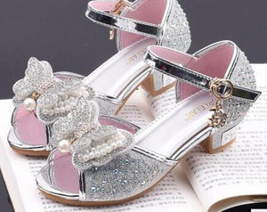 Little Girls Rhinestone Bow High-Heeled Sandals Princess Dancing Summer Pu Leather Shoe Big Girl 3 4 5 6 7 8 9 10 11 12 Year Old