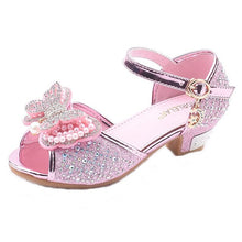 Load image into Gallery viewer, Little Girls Rhinestone Bow High-Heeled Sandals Princess Dancing Summer Pu Leather Shoe Big Girl 3 4 5 6 7 8 9 10 11 12 Year Old
